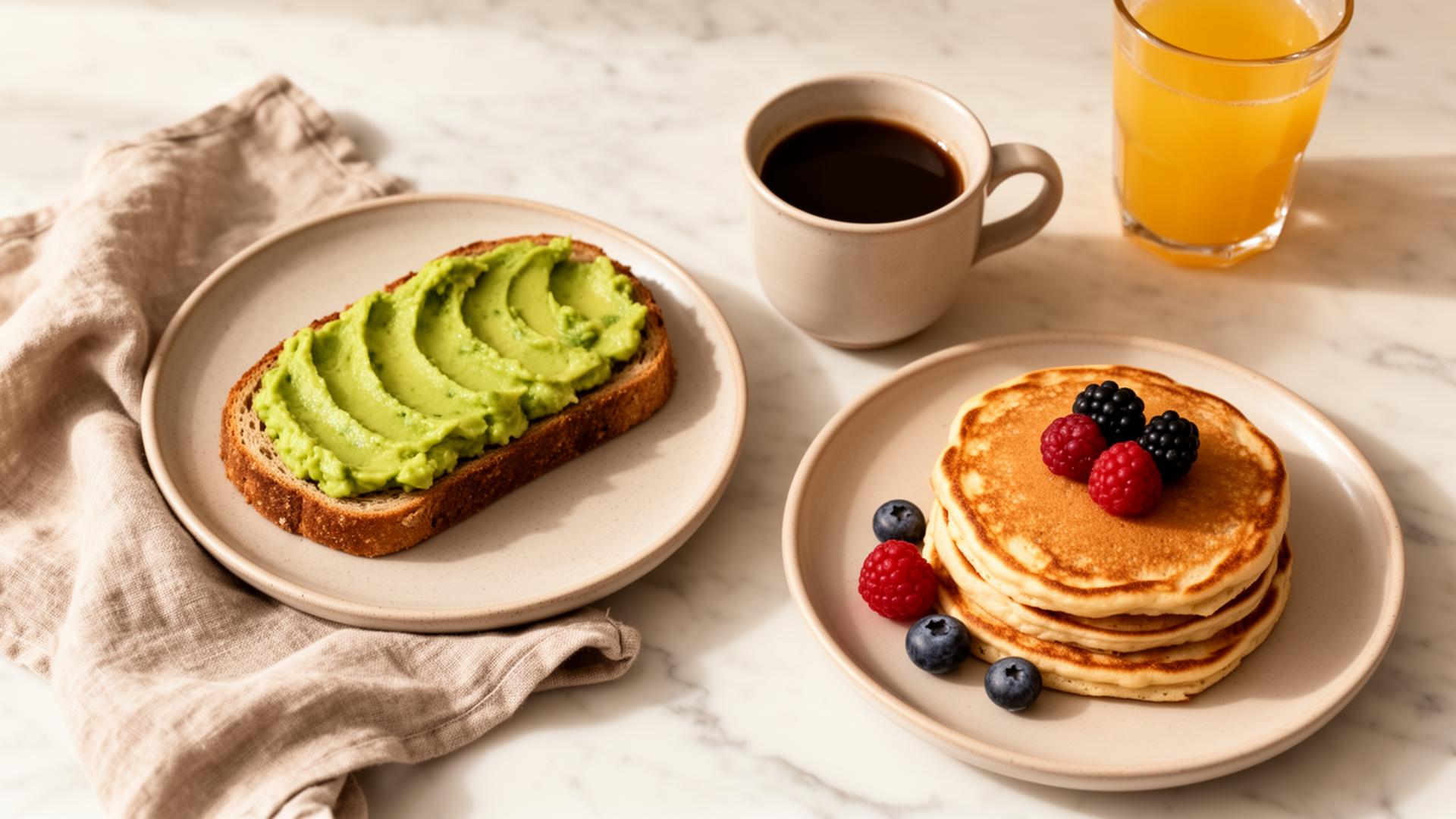Modern brunch table with coffee and avocado toast